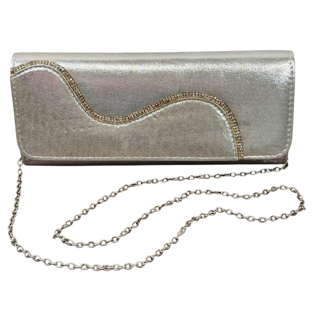 Silver Satin‎ Clutch Purse Womens Small Rhinestone Trim Chain Strap Evening Bag
